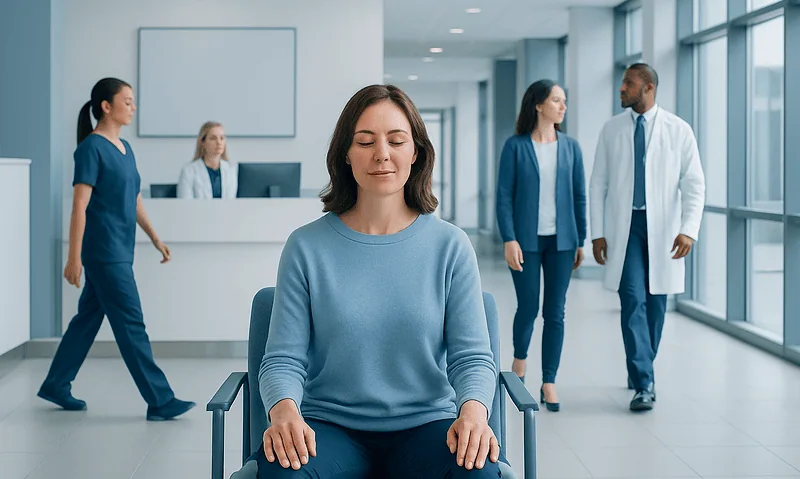 Woman practicing mindfulness meditation in a hospital corridor with medical staff nearby.