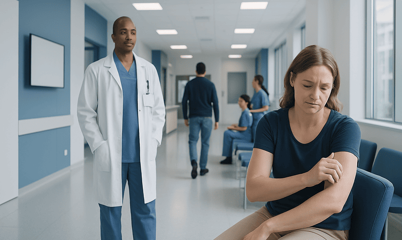 Patient receiving medical consultation in hospital corridor with doctor present.