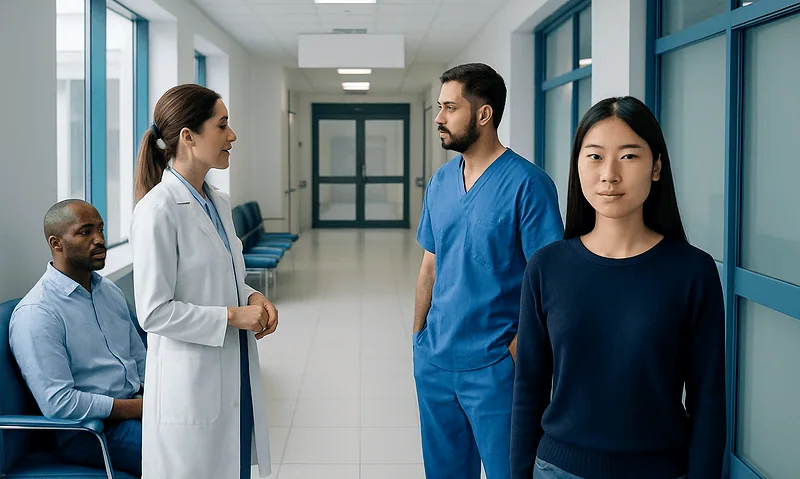 Medical professionals and patient in hospital corridor at Acibadem Hospitals Group.