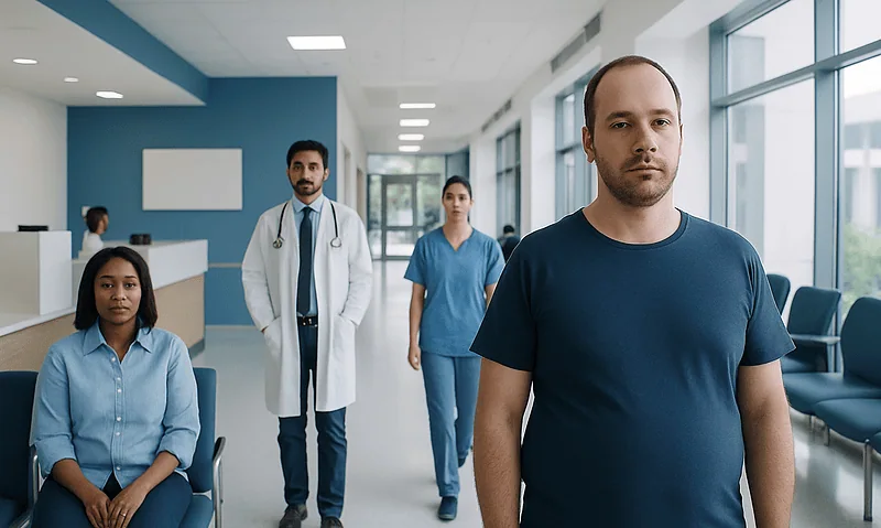 Patients and medical staff in a hospital corridor at Acibadem Hospitals Group.