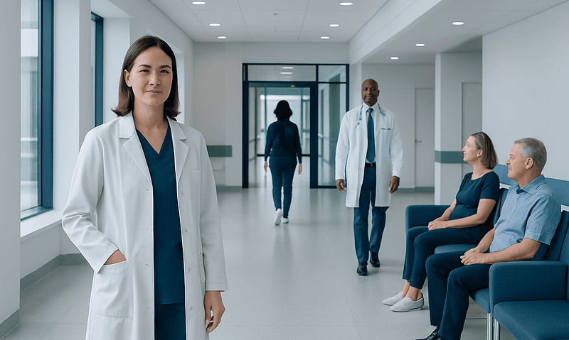 Medical professionals and patients in a hospital corridor at Acibadem Hospitals Group.
