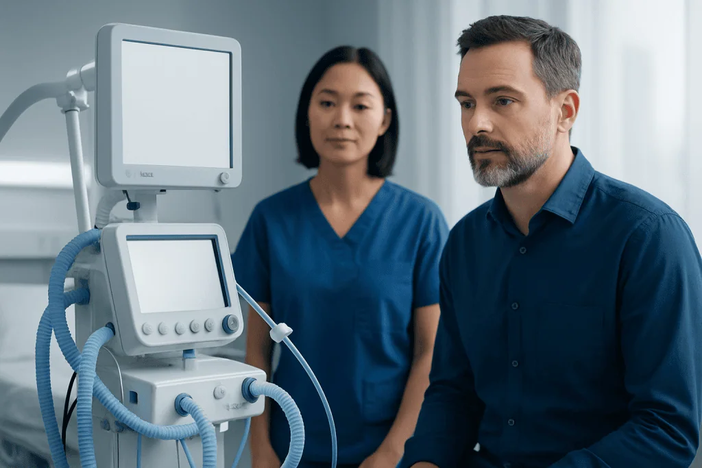 Medical professionals using ventilator equipment in a hospital setting.