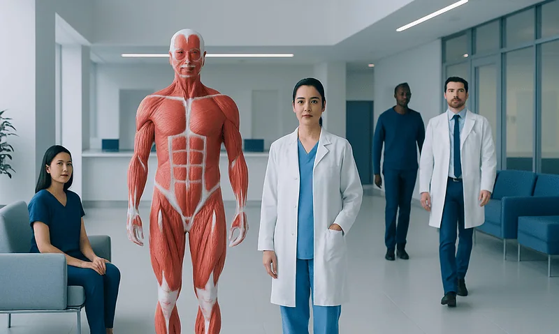 Medical team with human anatomy model at Acibadem Hospital.