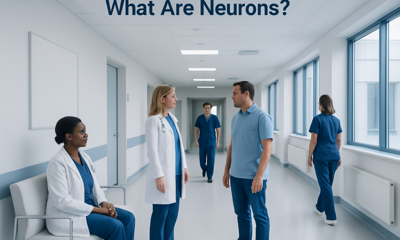 Medical professionals and patients in hospital corridor with 'What Are Neurons?' sign.