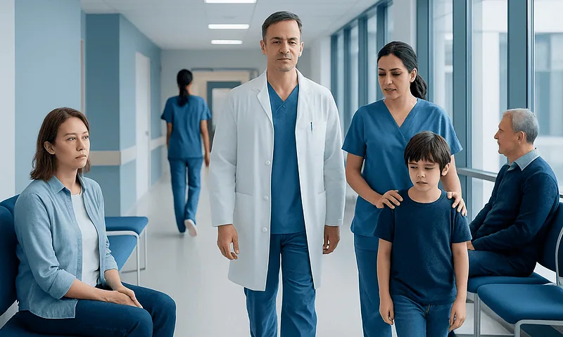 Medical team with a young patient in a hospital corridor.