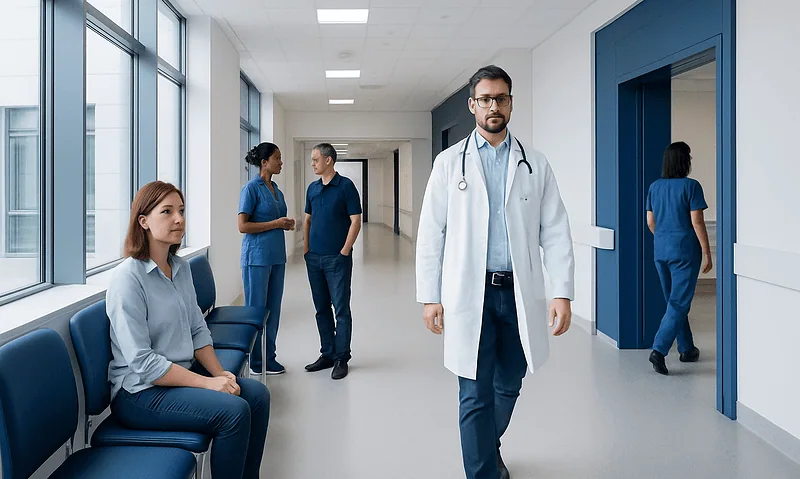 Medical professionals and patients in a hospital corridor at Acibadem Hospitals Group.