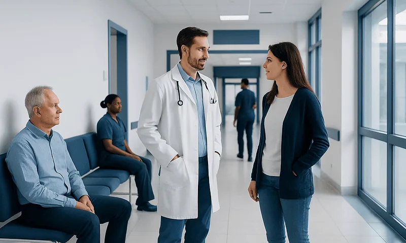 Doctor talking to a female patient in a hospital corridor with waiting patients.