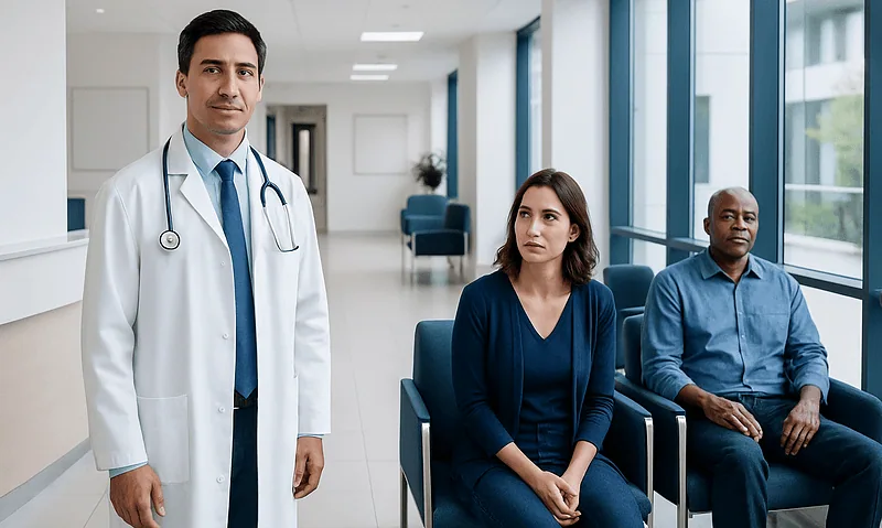 Doctor with two patients in a hospital corridor at Acibadem Hospitals Group.