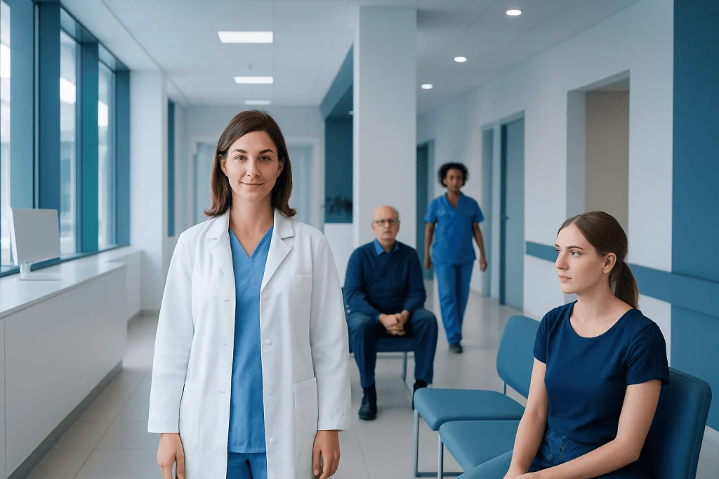 Normal tonsils: Symptoms, Causes, and Treatment — Complete Patient Guide 1 Medical professionals in a hospital corridor with patients waiting.