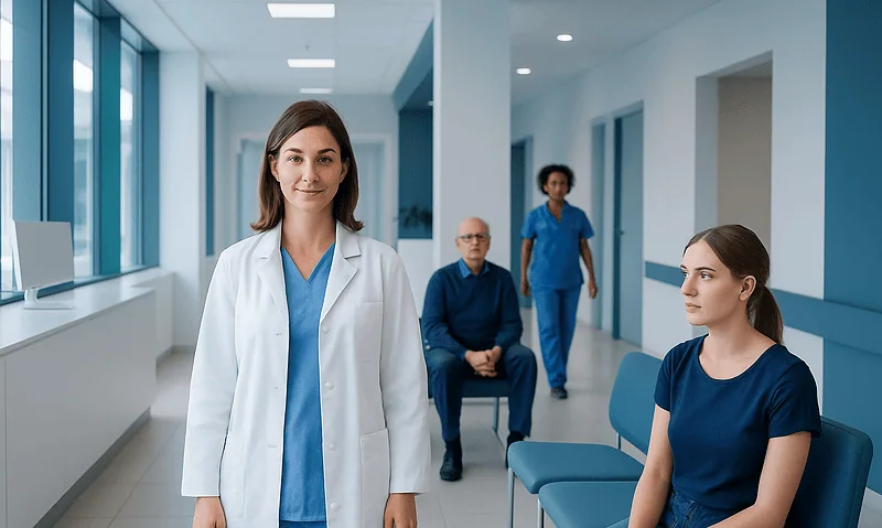 Medical professionals in a hospital corridor with patients waiting.