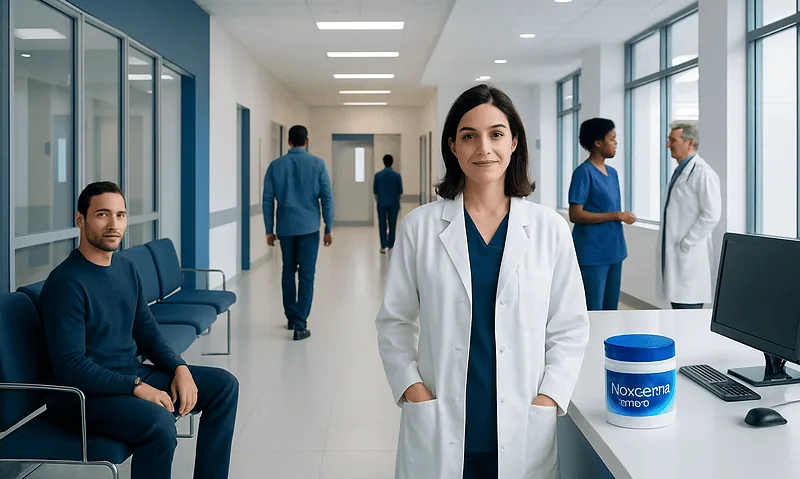 Healthcare professionals in a modern hospital corridor with Noxzema pads on the desk.