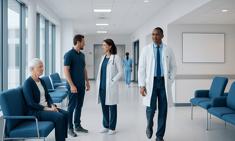 Medical staff and patient in a hospital corridor at Acibadem Hospitals Group.