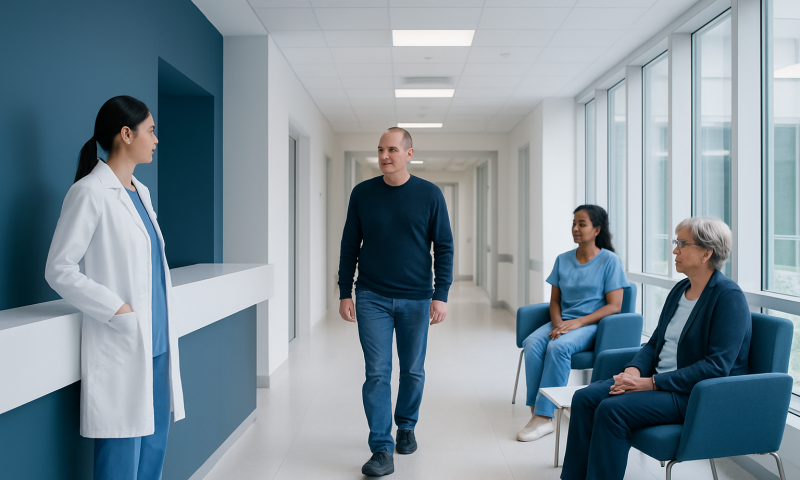 Doctor talking to patients in a hospital corridor.