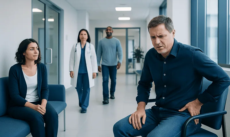 Man experiencing abdominal pain in a hospital corridor with medical staff nearby.