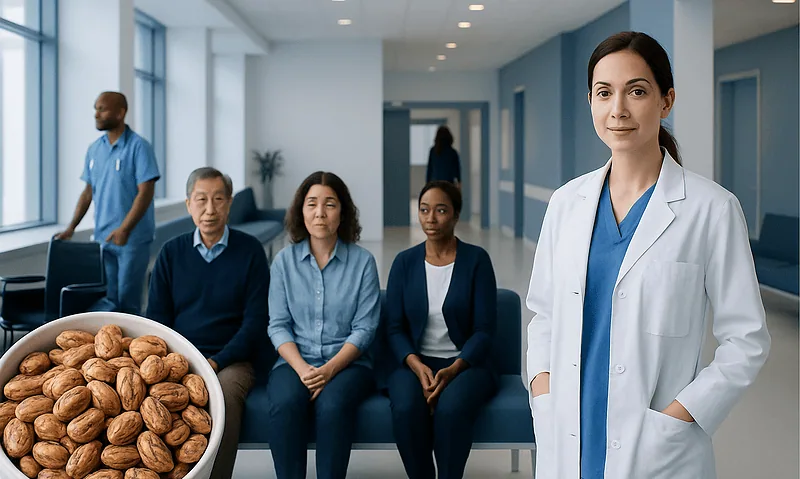 Medical professional with patients in hospital waiting area with walnuts in foreground.