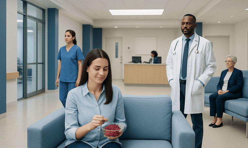 Young woman eating pomegranate seeds in hospital waiting area.