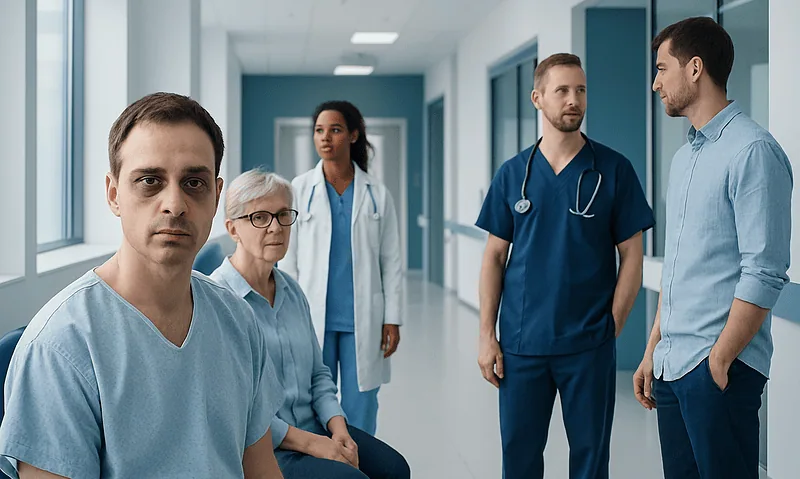 Medical team discussing patient care in hospital corridor.