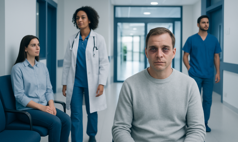 Patient with dark circles and puffiness in a hospital corridor.