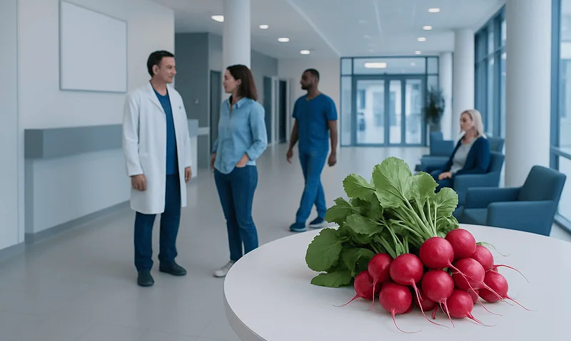 Radishes on a table in a hospital lobby with medical staff and patients in the background.