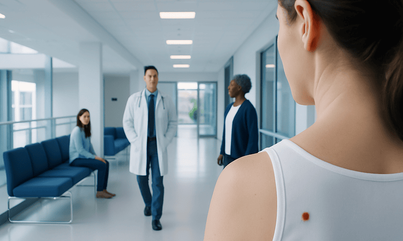 Close-up of a woman with a mole on her shoulder in a hospital corridor.