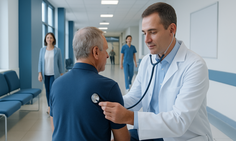 Doctor listening to senior patient's lung sounds with a stethoscope in hospital corridor.