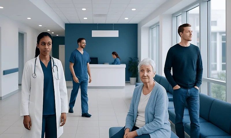 Medical team and patient in a modern hospital corridor.