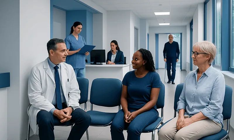 Medical consultation with diverse healthcare professionals in a modern clinic.