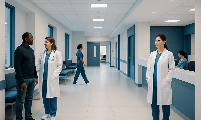 Healthcare professionals and patients in a modern hospital corridor.