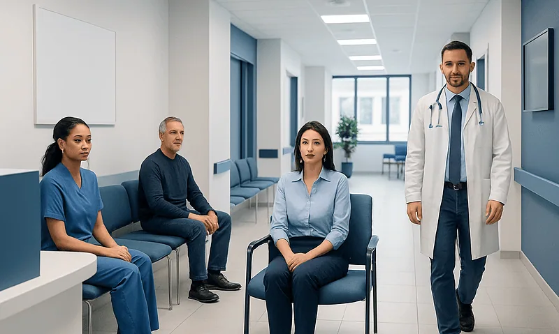 Medical consultation in a hospital corridor with healthcare professionals and patients.