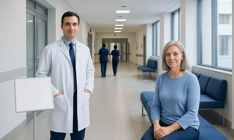 Doctor and patient in hospital corridor at Acibadem Hospitals Group.