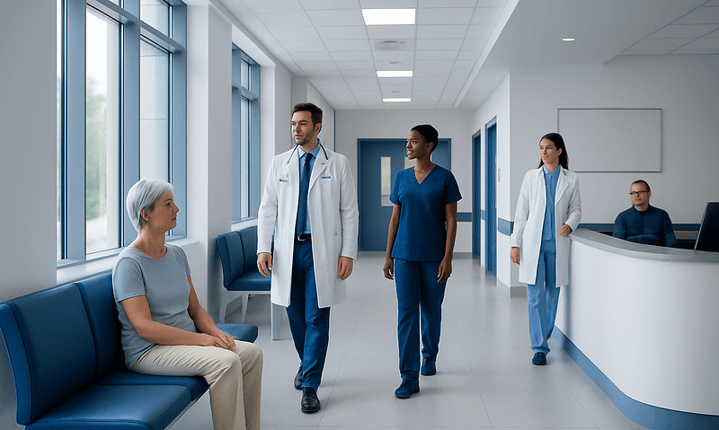 Medical team consulting with patient in hospital corridor.