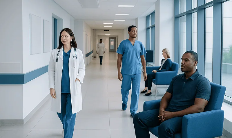 Healthcare professionals and patients in a modern hospital corridor.