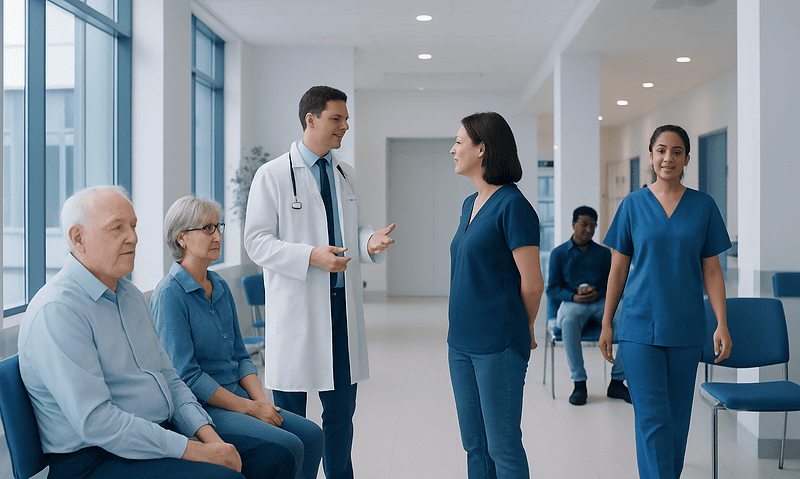 Medical team consulting with elderly patients in hospital corridor.