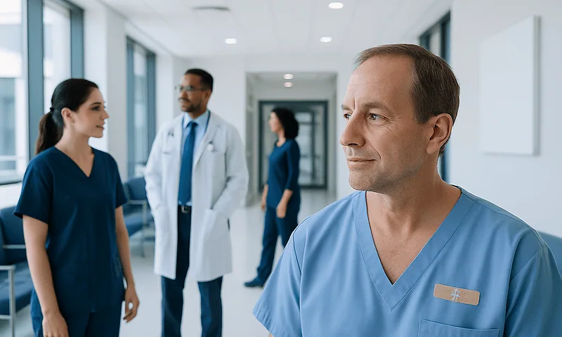 Healthcare professionals in a hospital corridor discussing patient care.