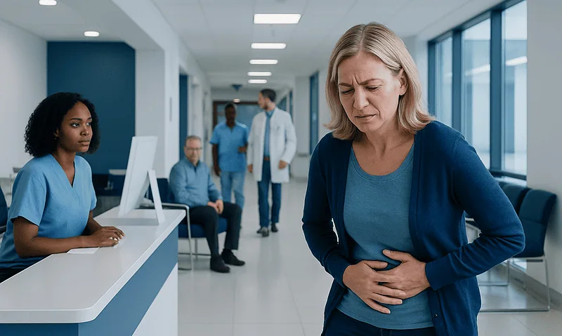 Woman with stomach pain in hospital corridor with medical staff.
