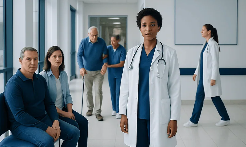 Diverse medical team in hospital corridor with doctor in foreground.