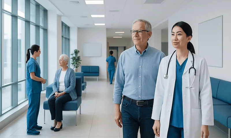 Medical professionals and patients in a modern hospital corridor.
