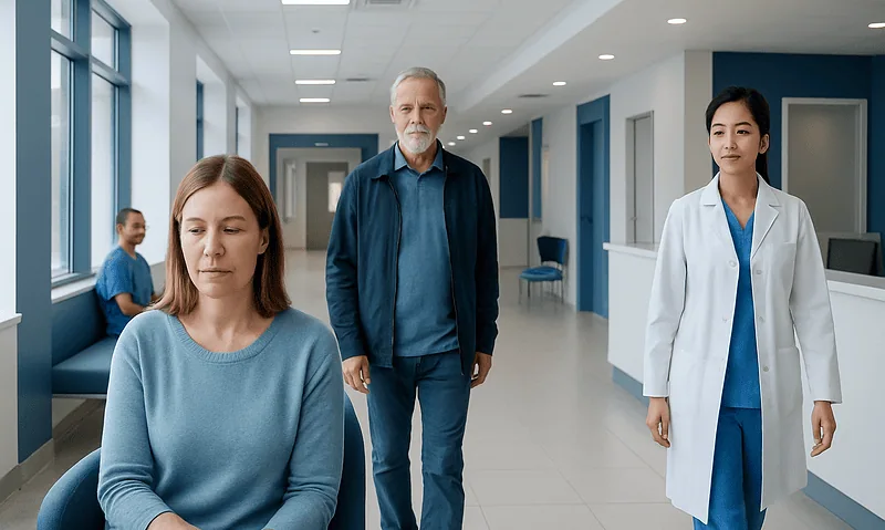 Patients waiting in a hospital corridor with medical staff present.