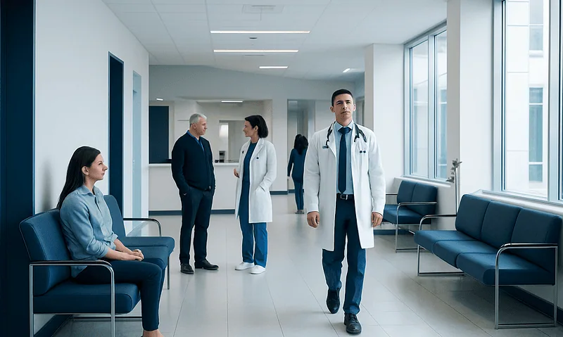 Medical professionals and patient in a modern hospital corridor.