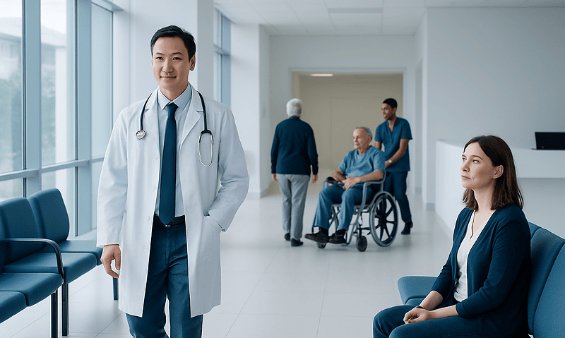 Medical team in hospital corridor with patient in wheelchair and visitors.