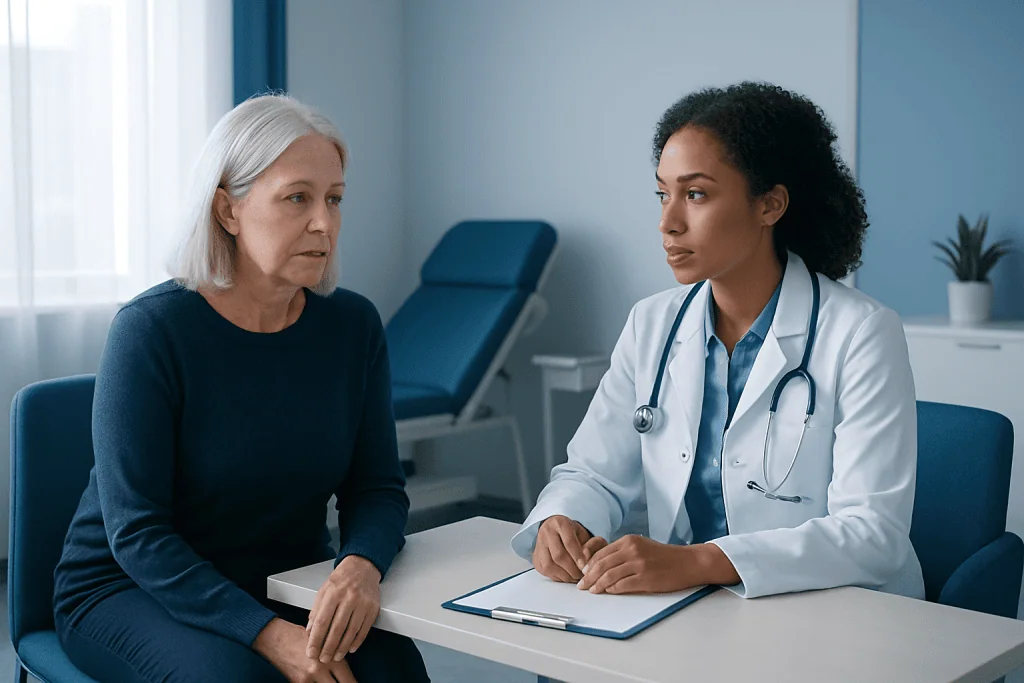 Doctor consulting with an elderly patient in a medical office.