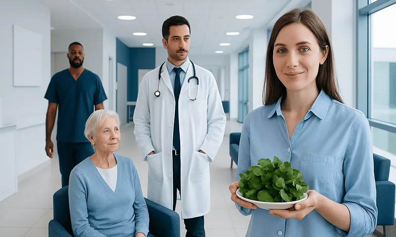 Healthcare professionals with elderly patient in hospital corridor.