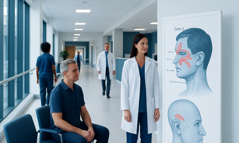 Doctor explaining sinus anatomy to patient in hospital corridor.