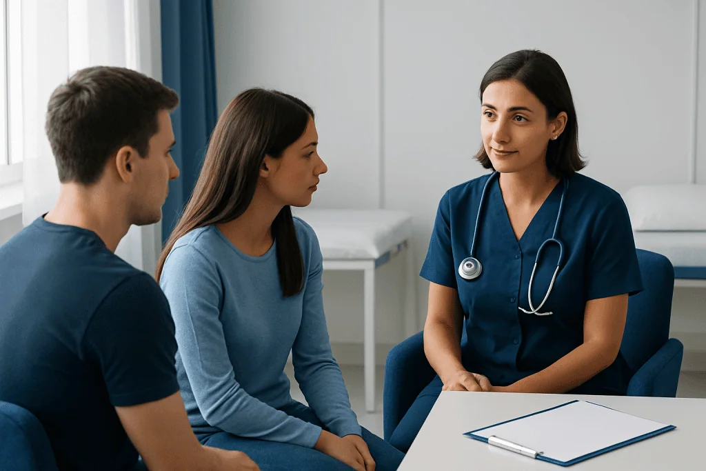 Doctor consulting with a couple in a medical office setting.