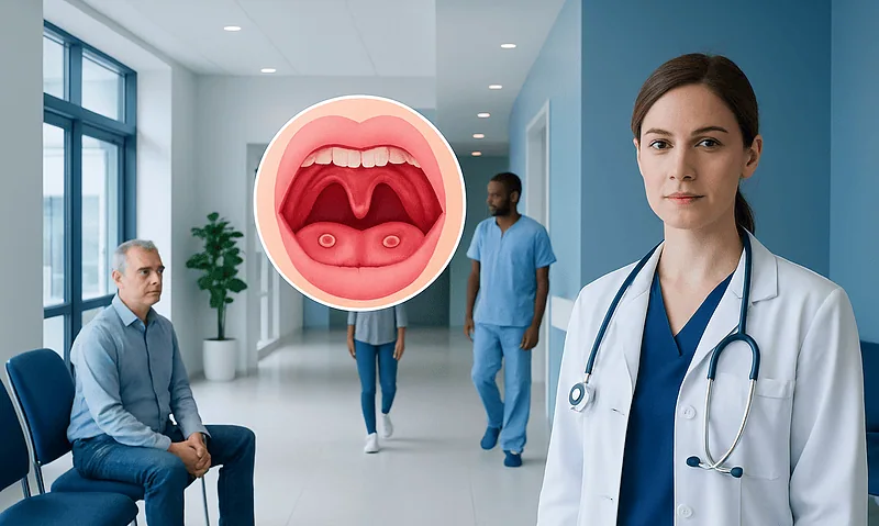 Medical illustration of tonsillitis holes inside the throat.