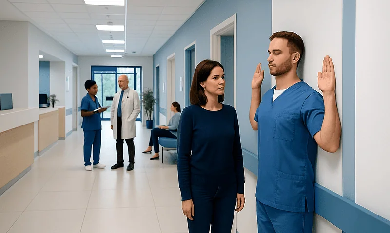 Healthcare professional performing wall angel exercise in hospital corridor.