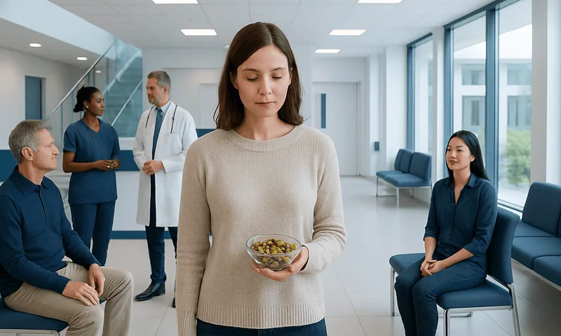 Patient holding a bowl of wasabi peas in a hospital waiting area.