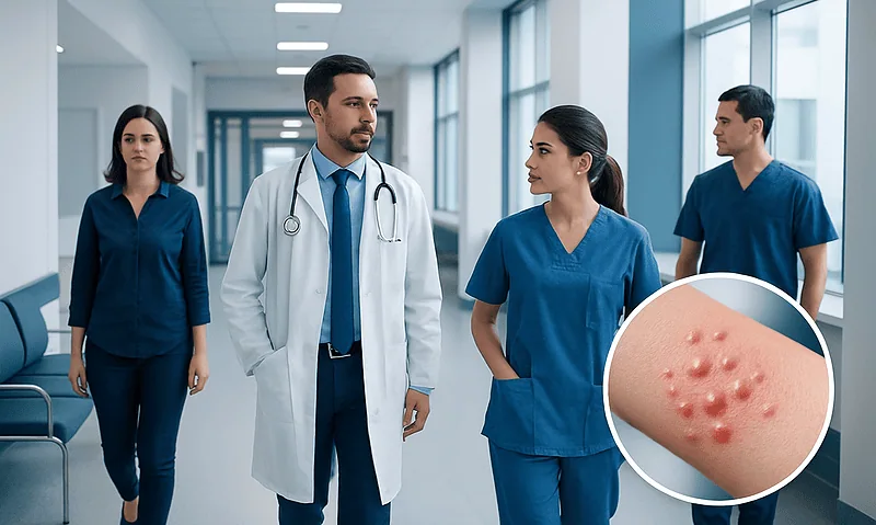 Medical team discussing in hospital corridor with a close-up of skin blisters.