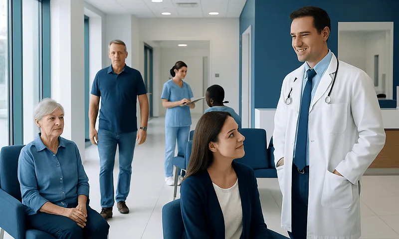 Doctor consulting with a patient in a modern hospital waiting area.