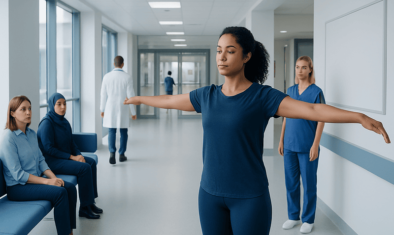 Physical therapy session at Acibadem Hospital with a woman stretching arms.